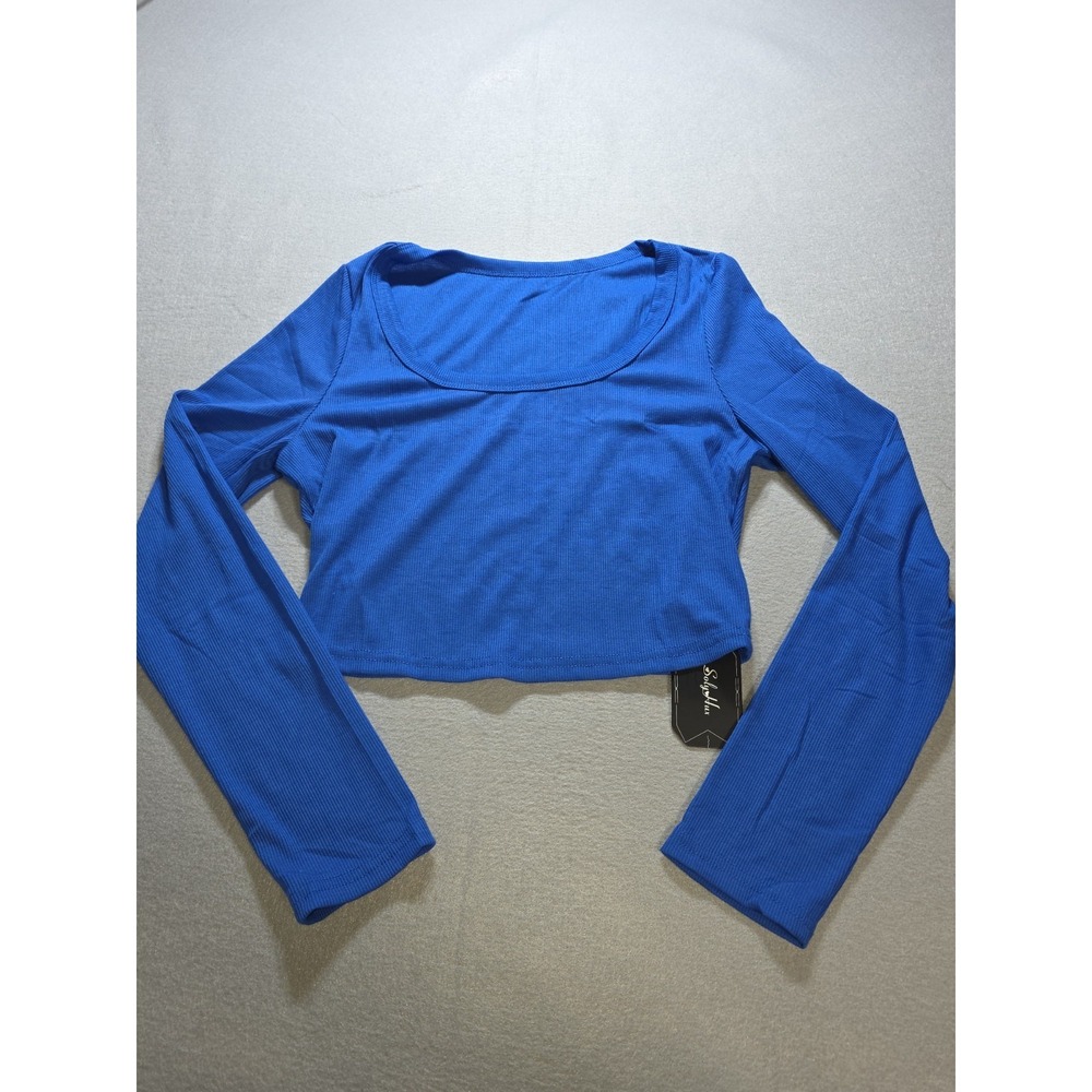 Womens Blue Ribbed Crop Top Long Sleeve Scoop Neck Stretch Size Large